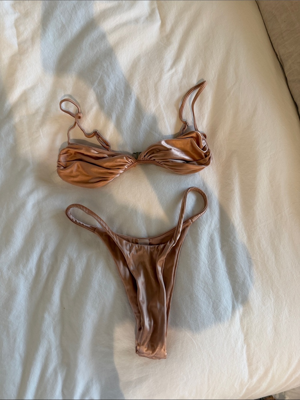 Isa Boulder Metallic Bronze Ruched Bikini Top